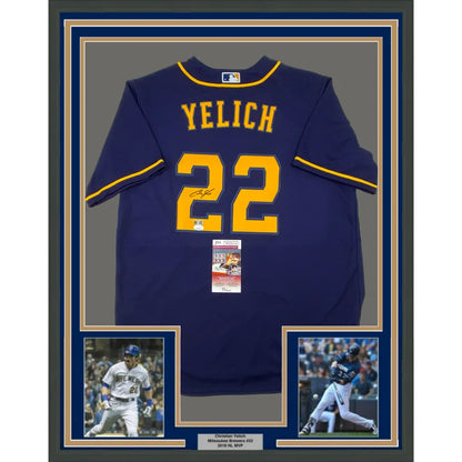 Professionally framed Christian Yelich Milwaukee Brewers blue jersey with autographs and player photos