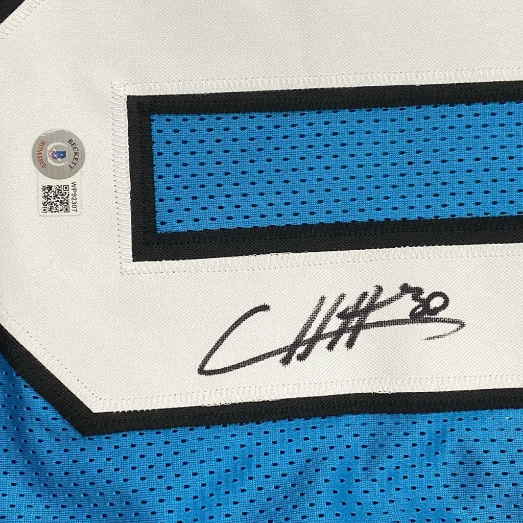 Carolina Blue Chuba Hubbard jersey with autograph perfect for your man cave