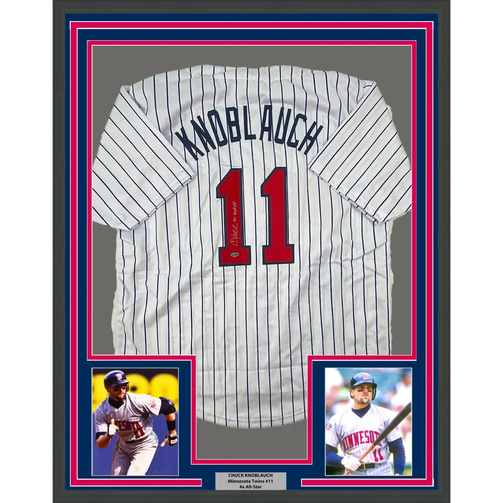 Framed autographed Chuck Knoblauch Minnesota pinstripe jersey with red 11