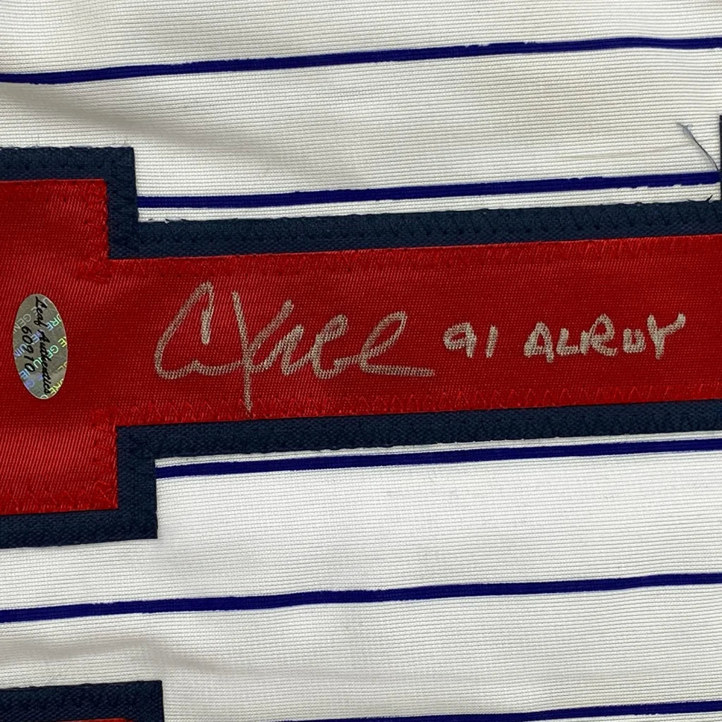 Framed autographed Chuck Knoblauch Minnesota pinstripe jersey