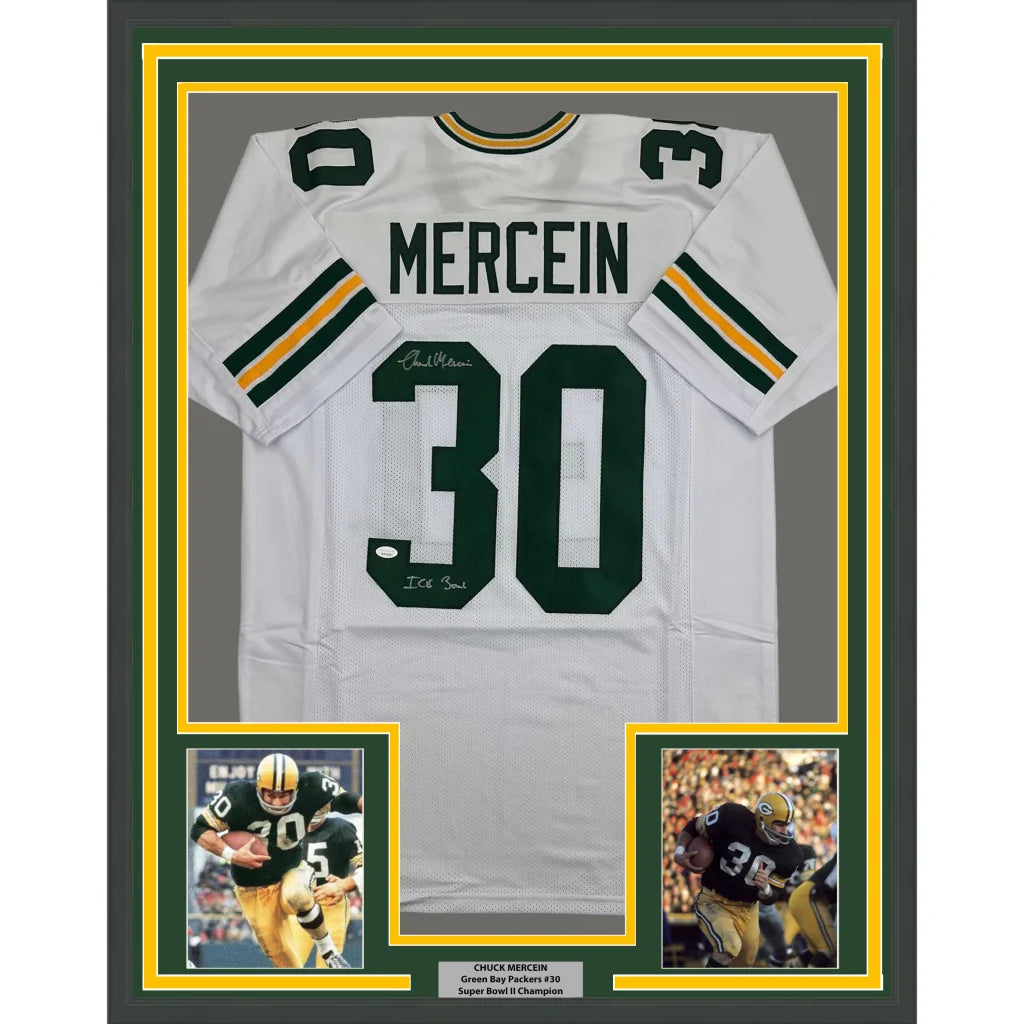 Framed Autographed Chuck Mercein 35x39 Ice Bowl Green Bay White Football Jersey JSA COA | Hall of Fame Sports Memorabilia | vintageantiquesgifts.com