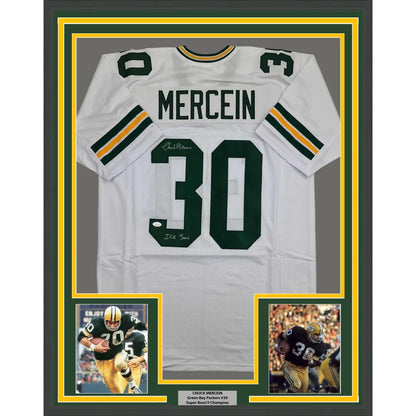 Framed Autographed Chuck Mercein 35x39 Ice Bowl Green Bay White Football Jersey JSA COA | Hall of Fame Sports Memorabilia | vintageantiquesgifts.com