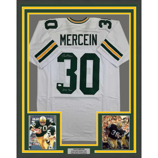Framed Autographed Chuck Mercein 35x39 Ice Bowl Green Bay White Football Jersey JSA COA | Hall of Fame Sports Memorabilia | vintageantiquesgifts.com