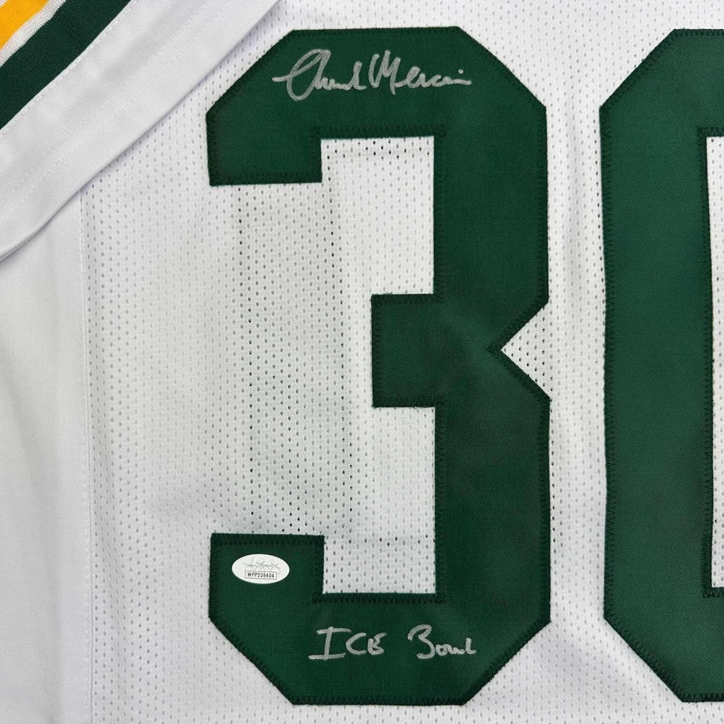 Framed Autographed Chuck Mercein 35x39 Ice Bowl Green Bay White Football Jersey JSA COA | Certified Authentic Signed Memorabilia | vintageantiquesgifts.com