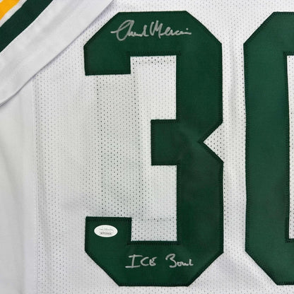 Framed Autographed Chuck Mercein 35x39 Ice Bowl Green Bay White Football Jersey JSA COA | Certified Authentic Signed Memorabilia | vintageantiquesgifts.com