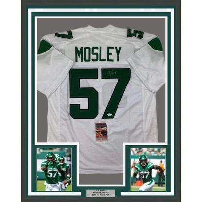 Framed autographed white New York Jets jersey with Mosley 57 signed by C.J