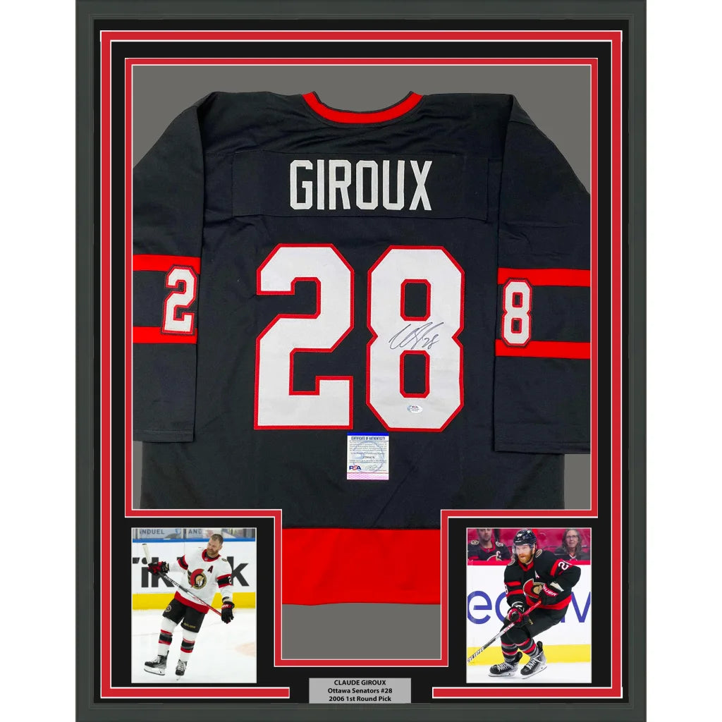 Framed Claude Giroux Ottawa Black Hockey Jersey signed with PSA DNA COA and player photos