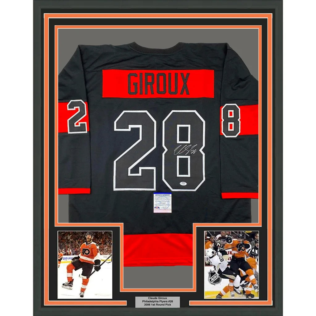 Framed Autographed Claude Giroux 35x39 Philadelphia Black Hockey Jersey PSA/DNA COA | Hall of Fame Sports Memorabilia | vintageantiquesgifts.com
