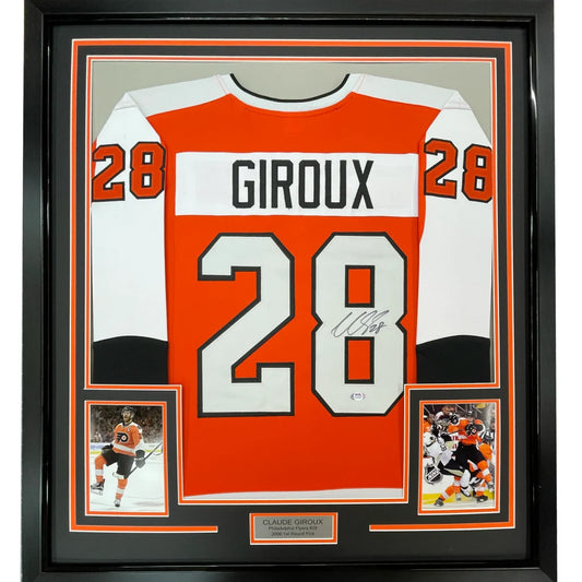 Framed Autographed Claude Giroux 35x39 Philadelphia Orange Hockey Jersey JSA COA | Hall of Fame Sports Memorabilia | vintageantiquesgifts.com
