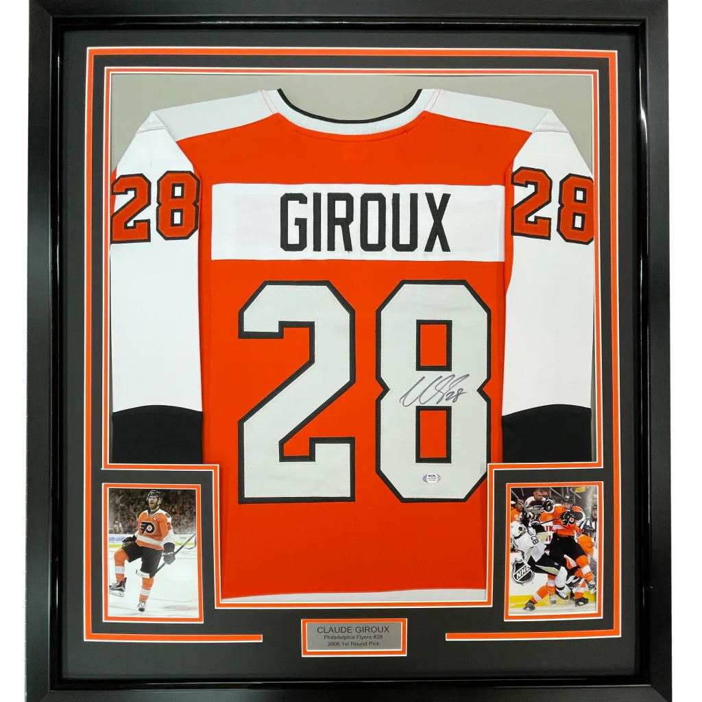 Framed signed Claude Giroux Flyers hockey jersey ready to hang on your wall