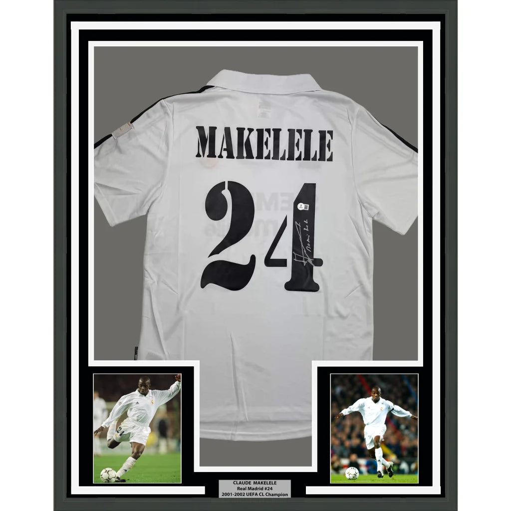 Framed autographed Claude Makelele Real Madrid white jersey back with number 24, Beckett BAS COA