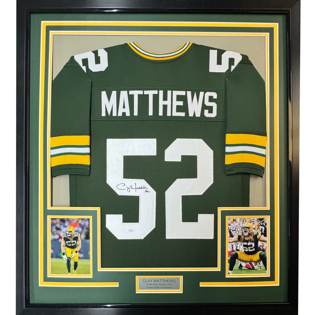 Framed autographed Clay Matthews Green Bay Packers jersey in black frame