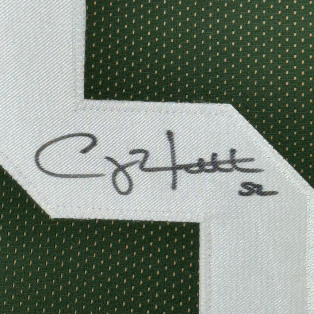 Framed autographed Clay Matthews Green Bay Packers green jersey with Cyrus patch, JSA COA