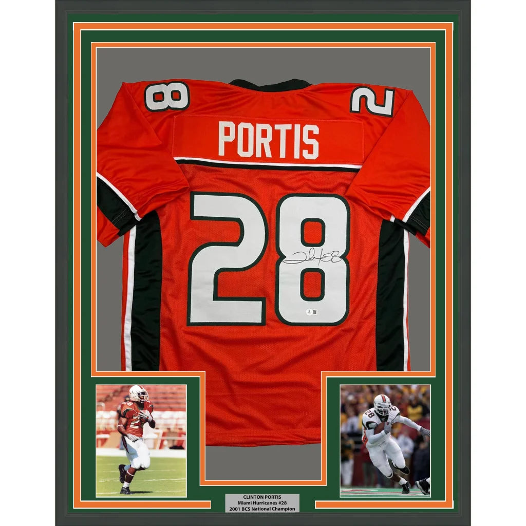 Framed autographed Clinton Portis Miami Hurricanes orange jersey back with Portis 28