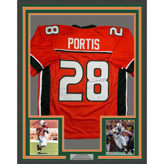 Framed Autographed Clinton Portis 35x39 Miami Orange College Football Jersey Beckett BAS COA | Hall of Fame Sports Memorabilia | vintageantiquesgifts.com