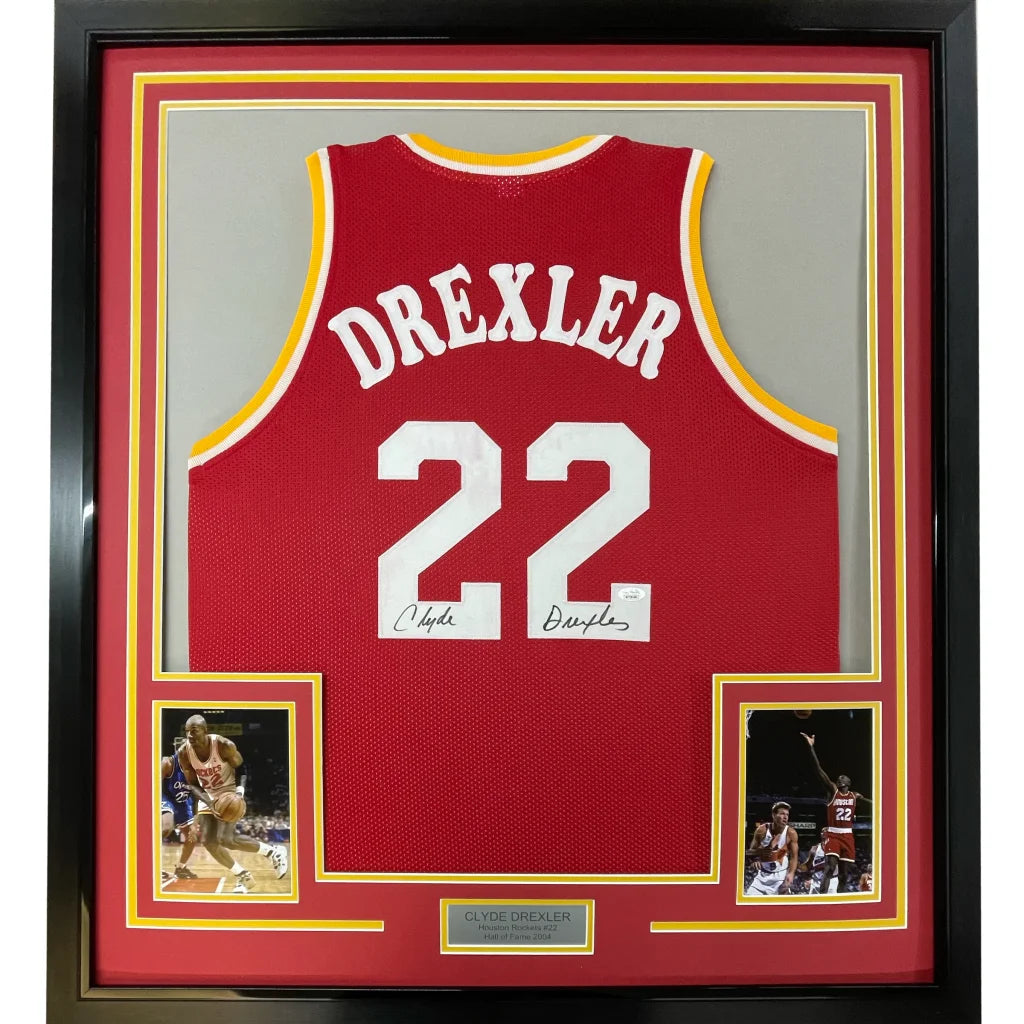 Framed autographed Clyde Drexler Houston red basketball jersey number 22