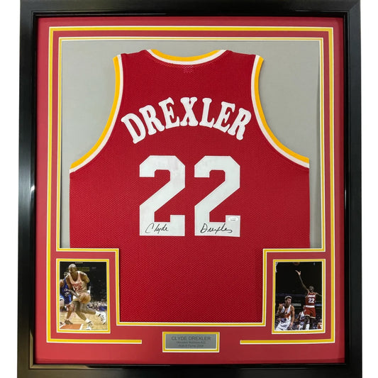 Framed Autographed Clyde Drexler 35x39 Houston Red Basketball Jersey Beckett BAS COA | Hall of Fame Sports Memorabilia | vintageantiquesgifts.com