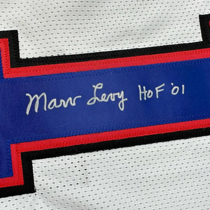 Framed Autographed Coach Marv Levy 35x39 HOF 01 Buffalo White Football Jersey Beckett BAS COA | Certified Authentic Signed Memorabilia | vintageantiquesgifts.com