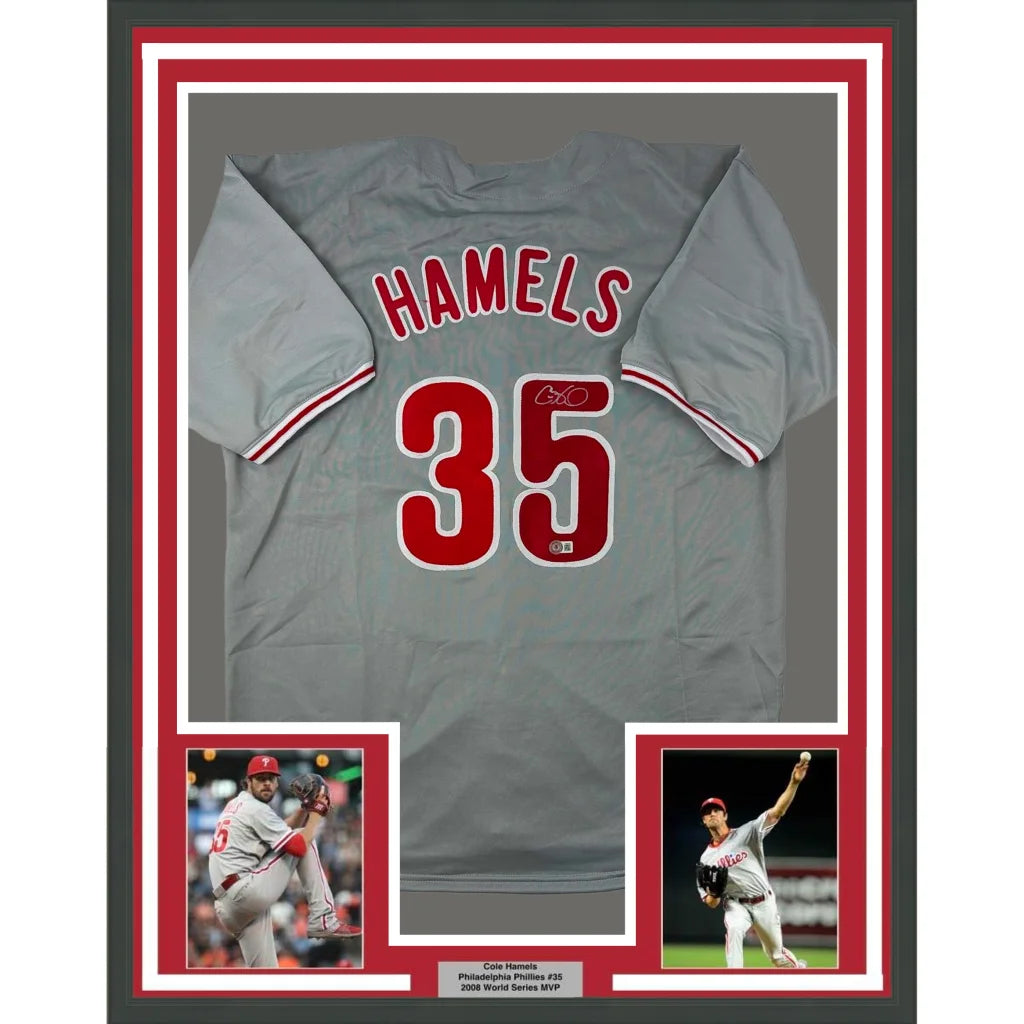 Framed autographed gray Philadelphia Phillies Cole Hamels jersey with number 35