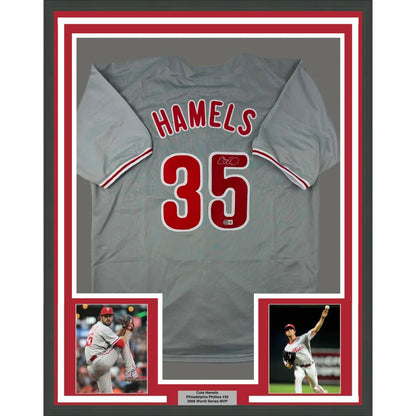 Signed Cole Hamels Phillies jersey with player photos and plaque for wall decor