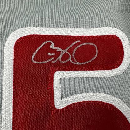 Red and white embroidered 5 patch with c360 on signed Cole Hamels Phillies jersey
