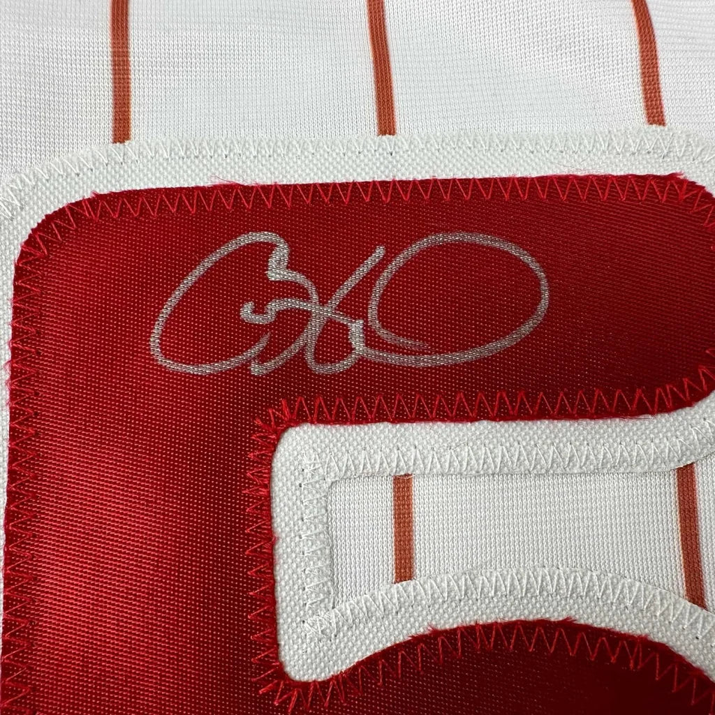 Framed Autographed Cole Hamels 35x39 Philadelphia Pinstripe Baseball Jersey Beckett BAS COA | Certified Authentic Signed Memorabilia | vintageantiquesgifts.com