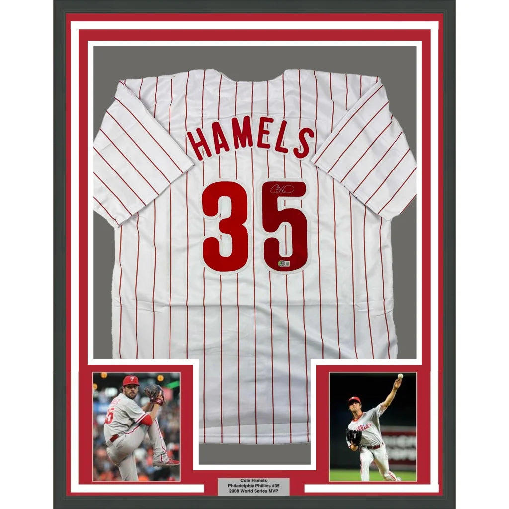 Framed Autographed Cole Hamels 35x39 Philadelphia Pinstripe Baseball Jersey Beckett BAS COA | Hall of Fame Sports Memorabilia | vintageantiquesgifts.com