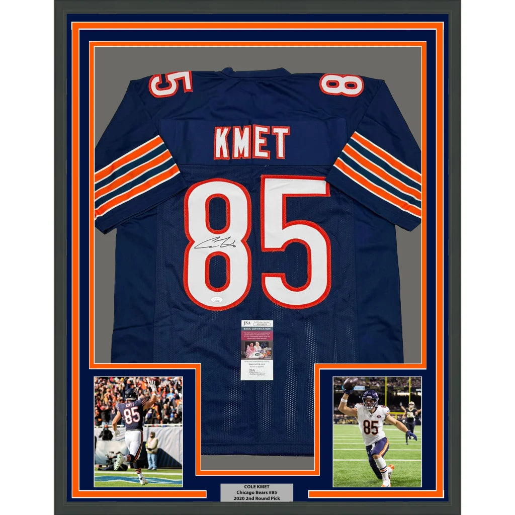 Framed autographed navy blue chicago bears football jersey with kmet 85 and orange white sleeve stripes back view