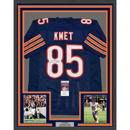 Framed autographed navy blue chicago bears football jersey with kmet 85 and orange white sleeve stripes back view