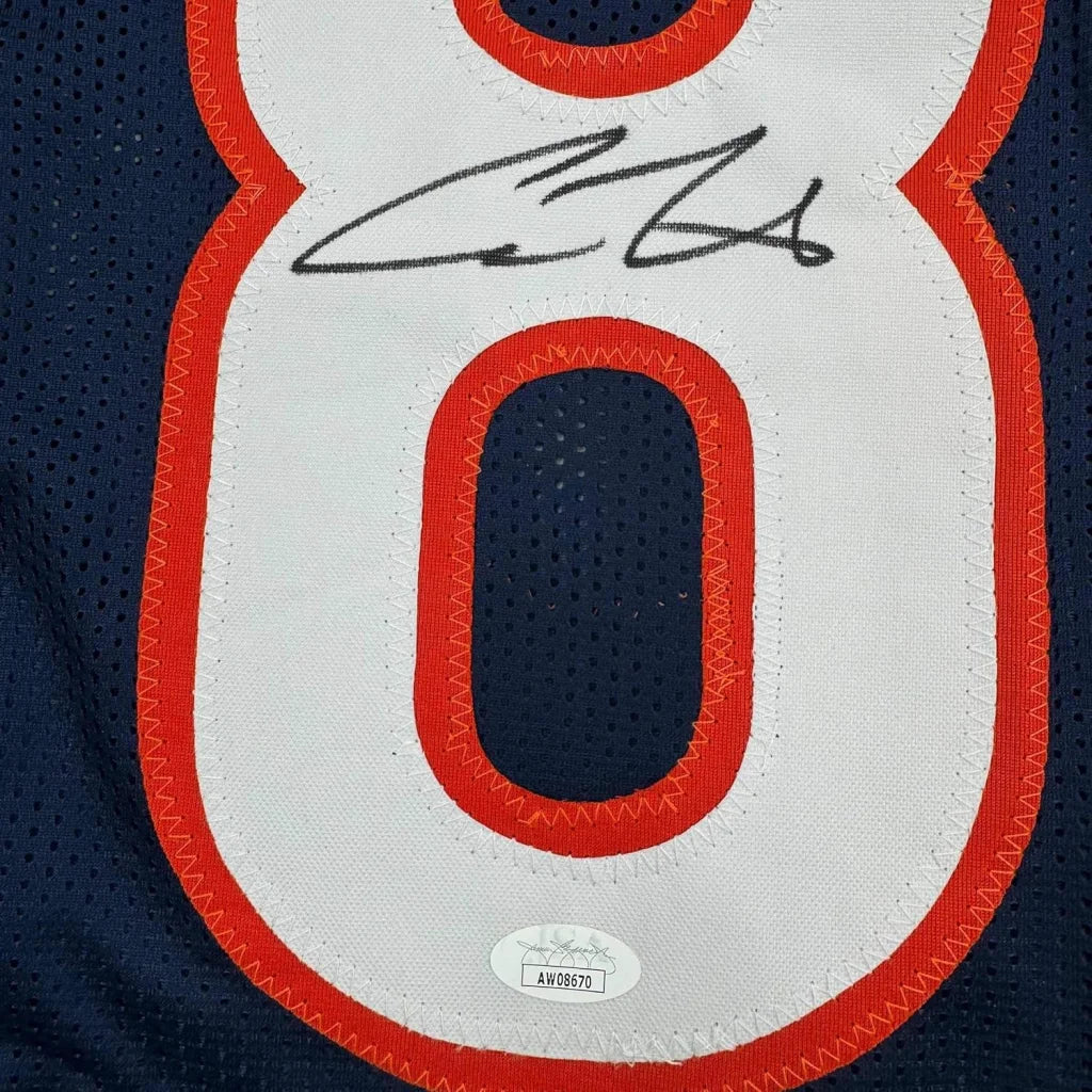 Framed autographed navy blue and white chicago bears football jersey with number 8 outlined in red and signature above