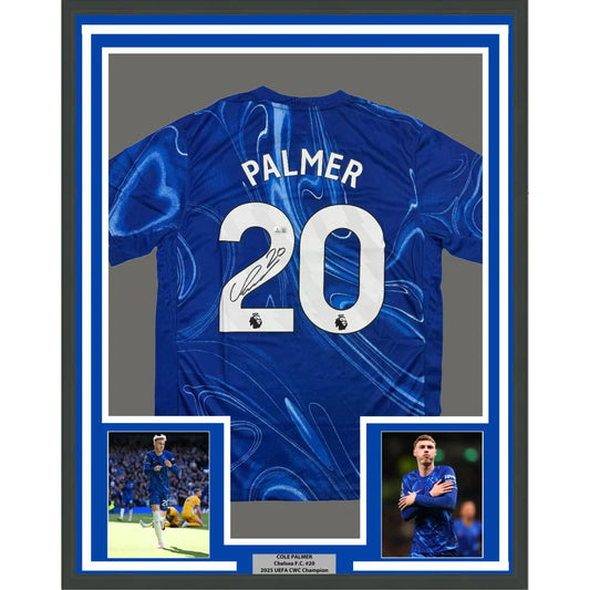 Framed Autographed Cole Palmer 35x39 Chelsea FC Blue Soccer Futbol Jersey Beckett BAS COA | Hall of Fame Sports Memorabilia | vintageantiquesgifts.com