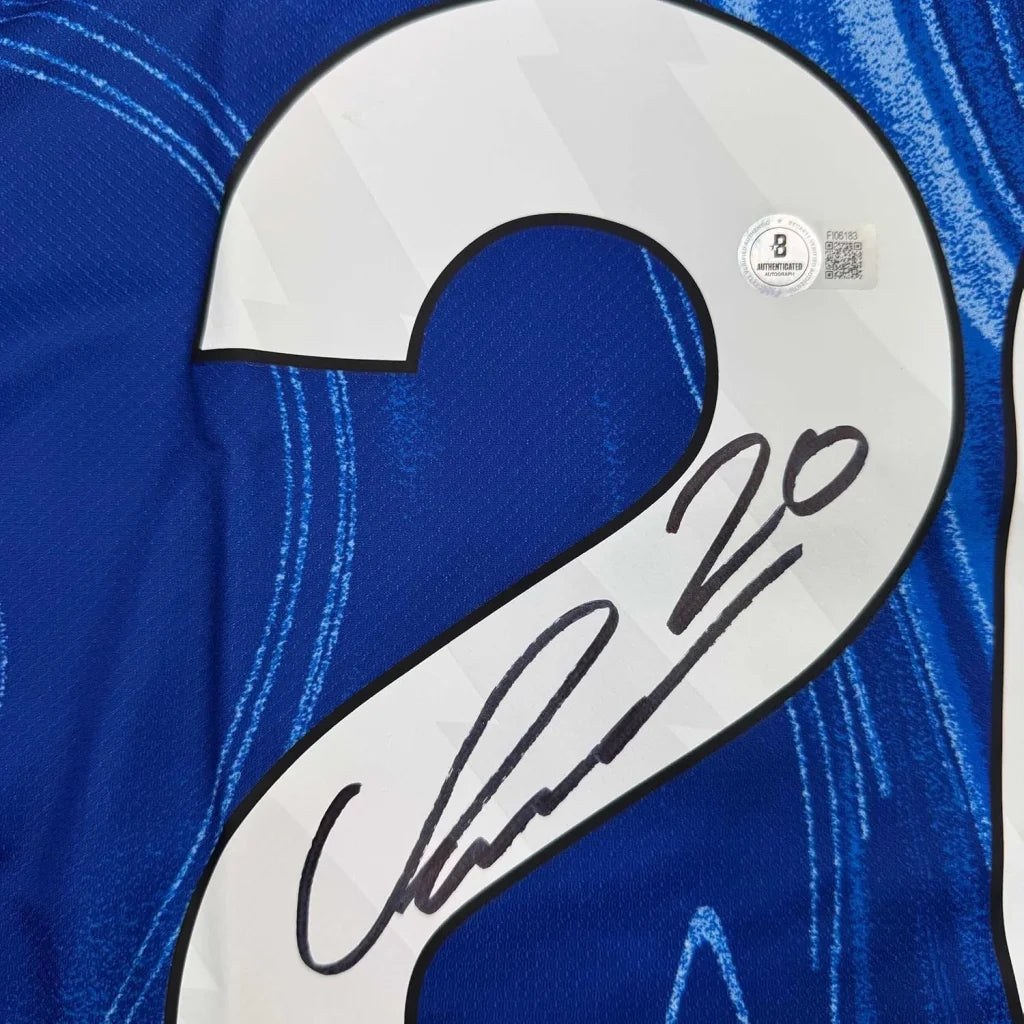 Framed Autographed Cole Palmer 35x39 Chelsea FC Blue Soccer Futbol Jersey Beckett BAS COA | Certified Authentic Signed Memorabilia | vintageantiquesgifts.com