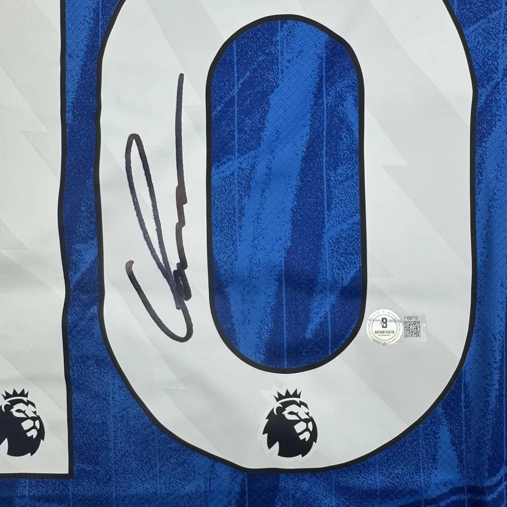 Framed Autographed Cole Palmer 35x39 Chelsea FC Blue Soccer Futbol Jersey Beckett BAS COA | Certified Authentic Signed Memorabilia | vintageantiquesgifts.com