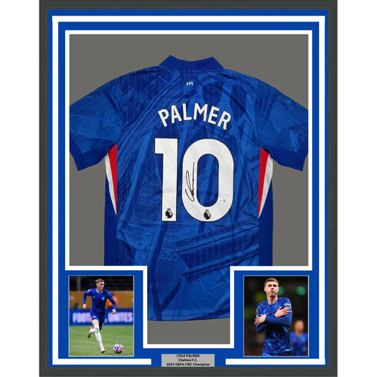 Framed Autographed Cole Palmer 35x39 Chelsea FC Blue Soccer Futbol Jersey Beckett BAS COA | Hall of Fame Sports Memorabilia | vintageantiquesgifts.com