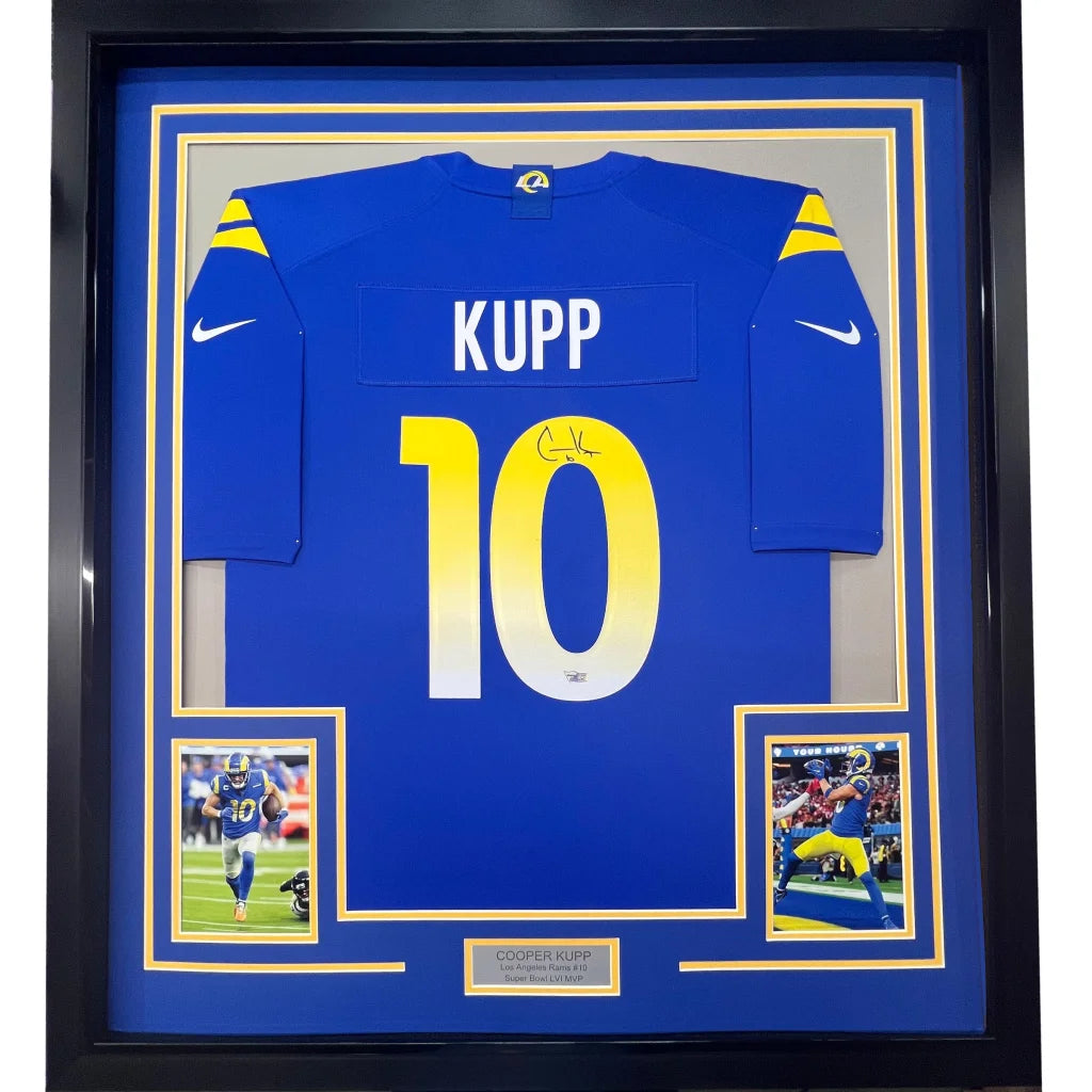 Professionally framed Cooper Kupp Super Bowl LVI jersey with autographs and player photos