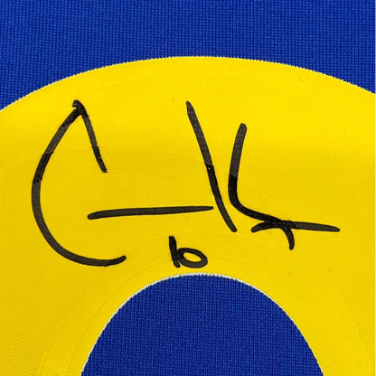 Blue and yellow fabric with black autograph on a professionally framed authentic Nike Game Super Bowl LVI Jersey