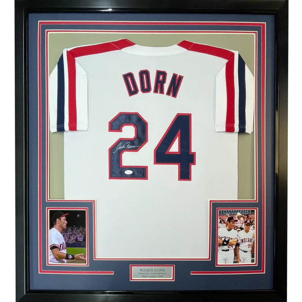 Framed Autographed Corbin Bernsen Roger Dorn 35x39 Major League Cleveland Baseball Jersey JSA COA | Hall of Fame Sports Memorabilia | vintageantiquesgifts.com