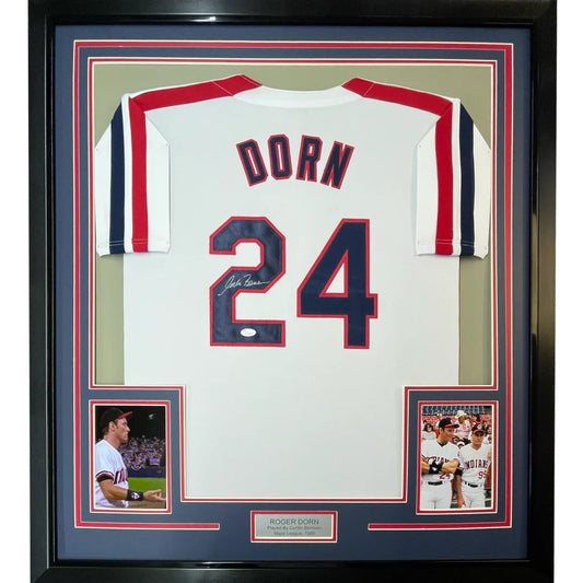 Framed Autographed Corbin Bernsen Roger Dorn 35x39 Major League Cleveland Baseball Jersey JSA COA | Hall of Fame Sports Memorabilia | vintageantiquesgifts.com
