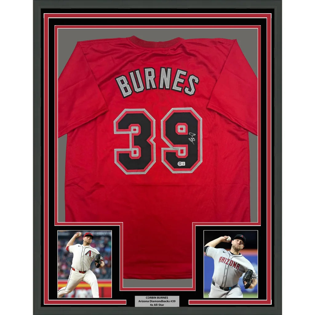 Framed Corbin Burnes Arizona Red Baseball Jersey with Beckett BAS COA and player photos