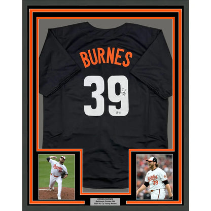 Framed black baseball jersey with player photos perfect for man cave decor