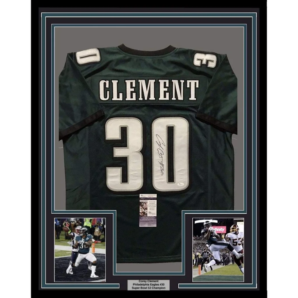 Framed signed Corey Clement Philadelphia Eagles jersey perfect for man cave decor