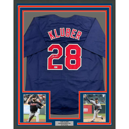 Framed Corey Kluber Jersey with Autograph and Photos, Cleveland Blue Baseball display