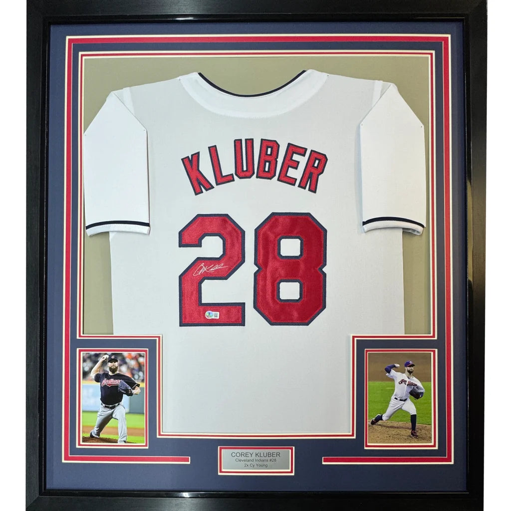 Framed Autographed Corey Kluber 35x39 Cleveland White Baseball Jersey Beckett BAS COA | Hall of Fame Sports Memorabilia | vintageantiquesgifts.com