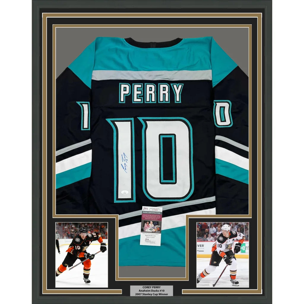Framed Autographed Corey Perry 35x39 Anaheim Black Retro Hockey Jersey JSA COA | Hall of Fame Sports Memorabilia | vintageantiquesgifts.com