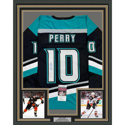 Framed Autographed Corey Perry 35x39 Anaheim Black Retro Hockey Jersey JSA COA | Hall of Fame Sports Memorabilia | vintageantiquesgifts.com