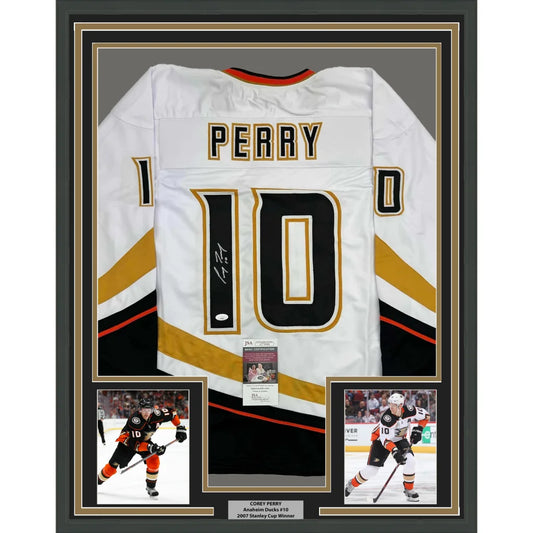 Framed Autographed Corey Perry 35x39 Anaheim White Hockey Jersey JSA COA | Hall of Fame Sports Memorabilia | vintageantiquesgifts.com