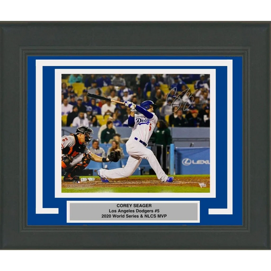 Framed Corey Seager Dodgers autographed photo of him hitting a baseball for display