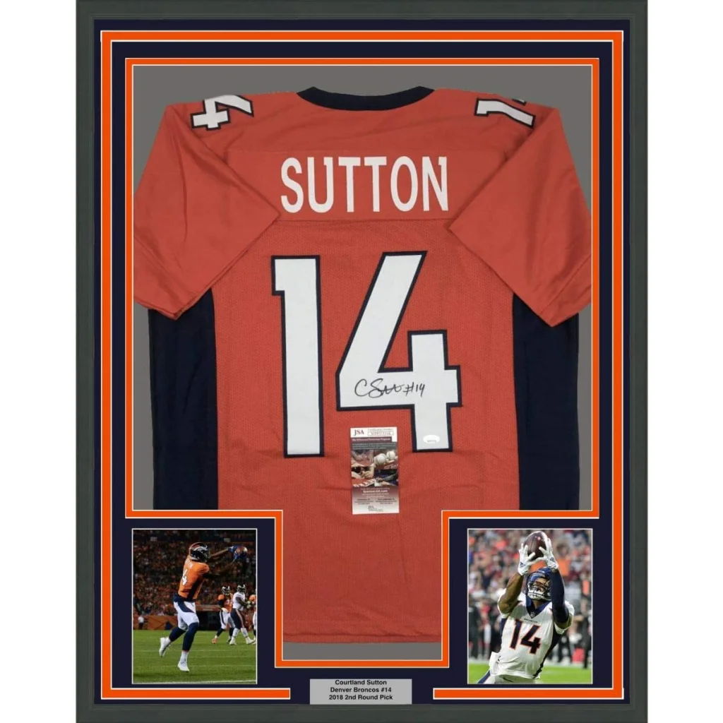 Back of framed autographed orange and navy denver broncos courtland sutton jersey number 14 with signature and jsa coa