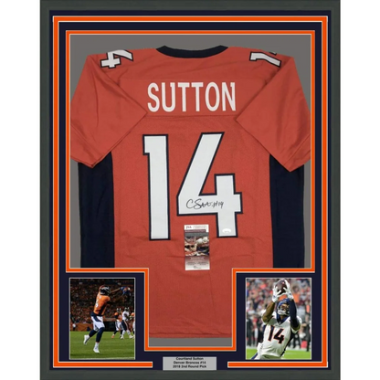 Back of framed autographed orange and navy denver broncos courtland sutton jersey number 14 with signature and jsa coa