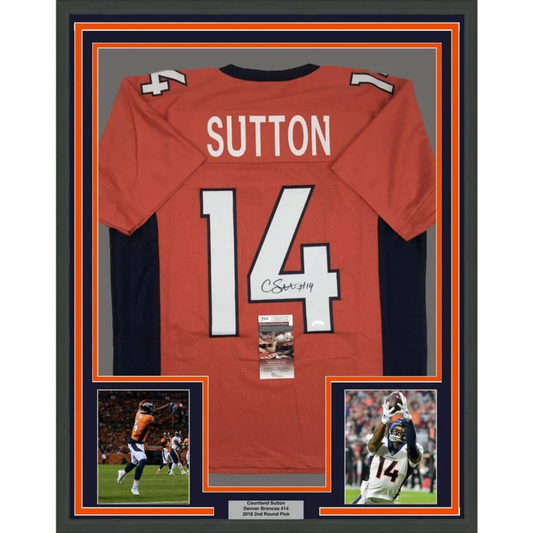 Back of framed autographed orange and navy denver broncos courtland sutton jersey number 14 with signature and jsa coa